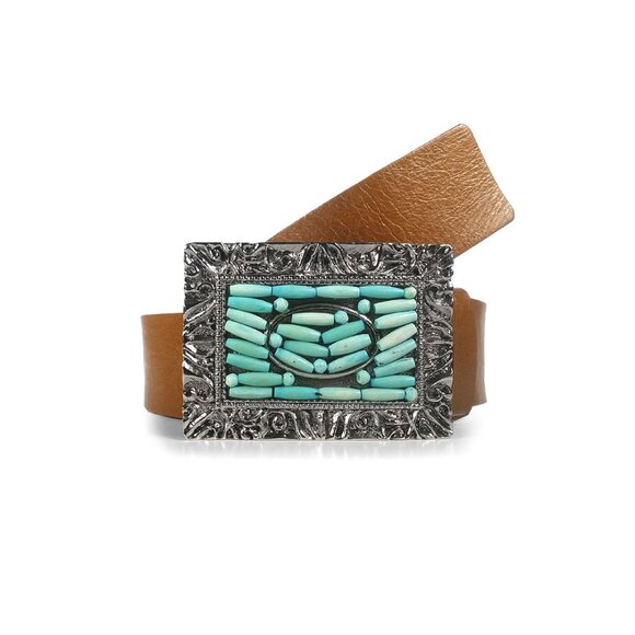 New STREETS AHEAD Belt Turquoise Beaded Brown Leather Belt  SZ Large USA
